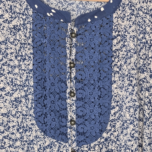 Maeve Anthropologie Hiver Blue Lace Panel 3/4 Boho Flare Sleeve Peasant Blouse 2 - Picture 4 of 9